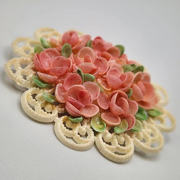 Celluloid Filigree Brooch w Pink Sea Shell Roses c. 1930s over 2" Spring Flowers - Picture 3 of 8